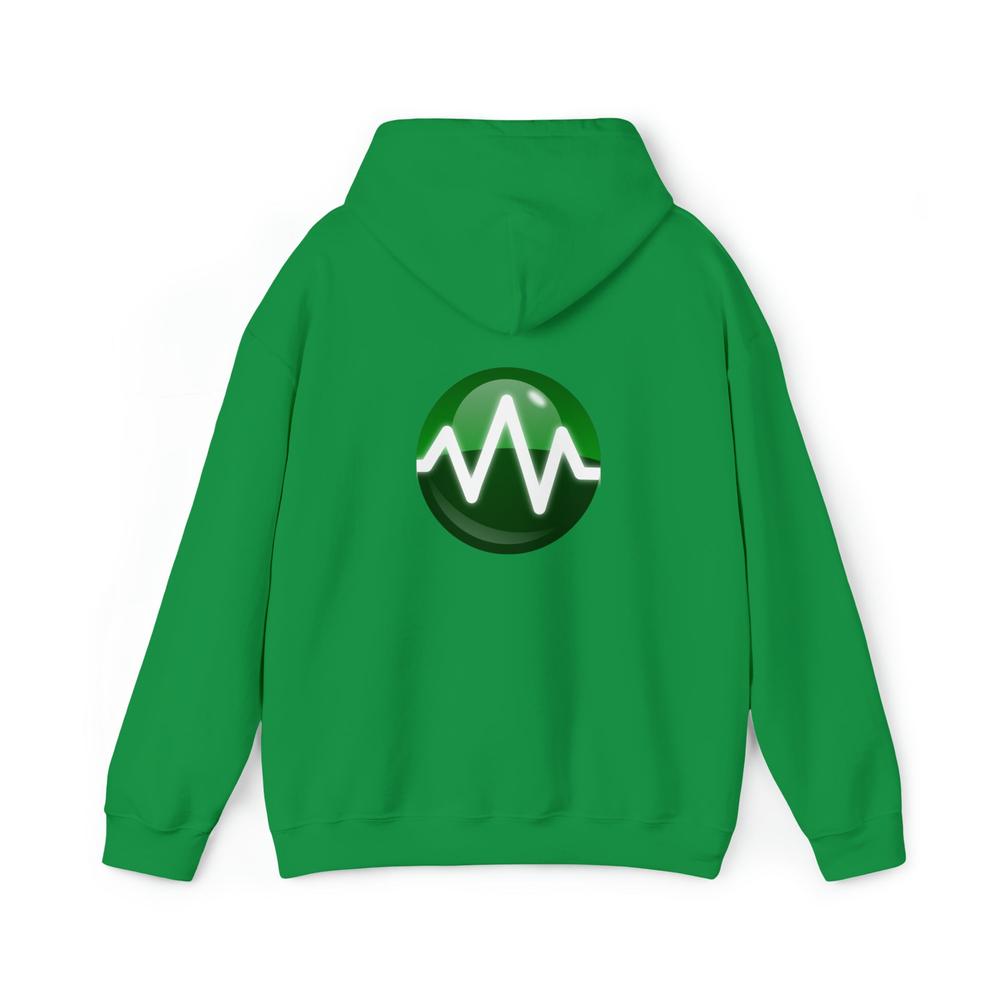 A green Unisex Heavy Blend™ Hooded Sweatshirt from BridgeCom Systems is displayed with the back facing forward. It features a circular emblem in the center, showcasing a green and black background with a white sinusoidal wave design. Made from a 50/50 cotton-polyester blend, it’s perfect for any amateur radio enthusiast.