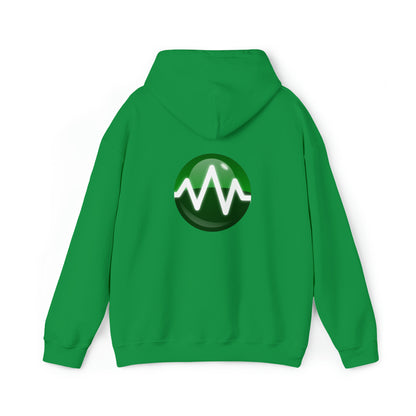 A green Unisex Heavy Blend™ Hooded Sweatshirt from BridgeCom Systems is displayed with the back facing forward. It features a circular emblem in the center, showcasing a green and black background with a white sinusoidal wave design. Made from a 50/50 cotton-polyester blend, it’s perfect for any amateur radio enthusiast.