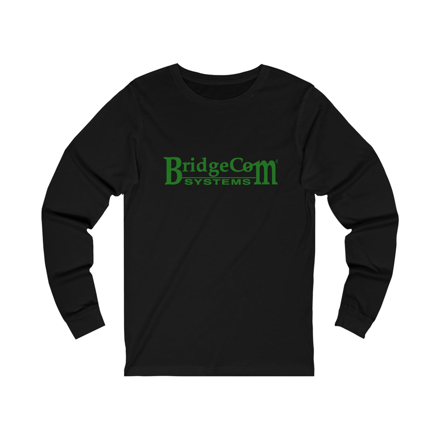 The Unisex BridgeCom Long Sleeve Tee is a black shirt featuring the text "BridgeCom Systems" printed in green on the front. Tailored for amateur radio enthusiasts, it boasts a crew neckline and is made from soft material, ensuring optimum comfort during ham radio events.