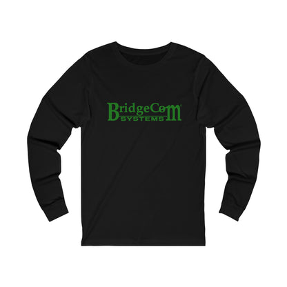 The Unisex BridgeCom Long Sleeve Tee is a black shirt featuring the text "BridgeCom Systems" printed in green on the front. Tailored for amateur radio enthusiasts, it boasts a crew neckline and is made from soft material, ensuring optimum comfort during ham radio events.