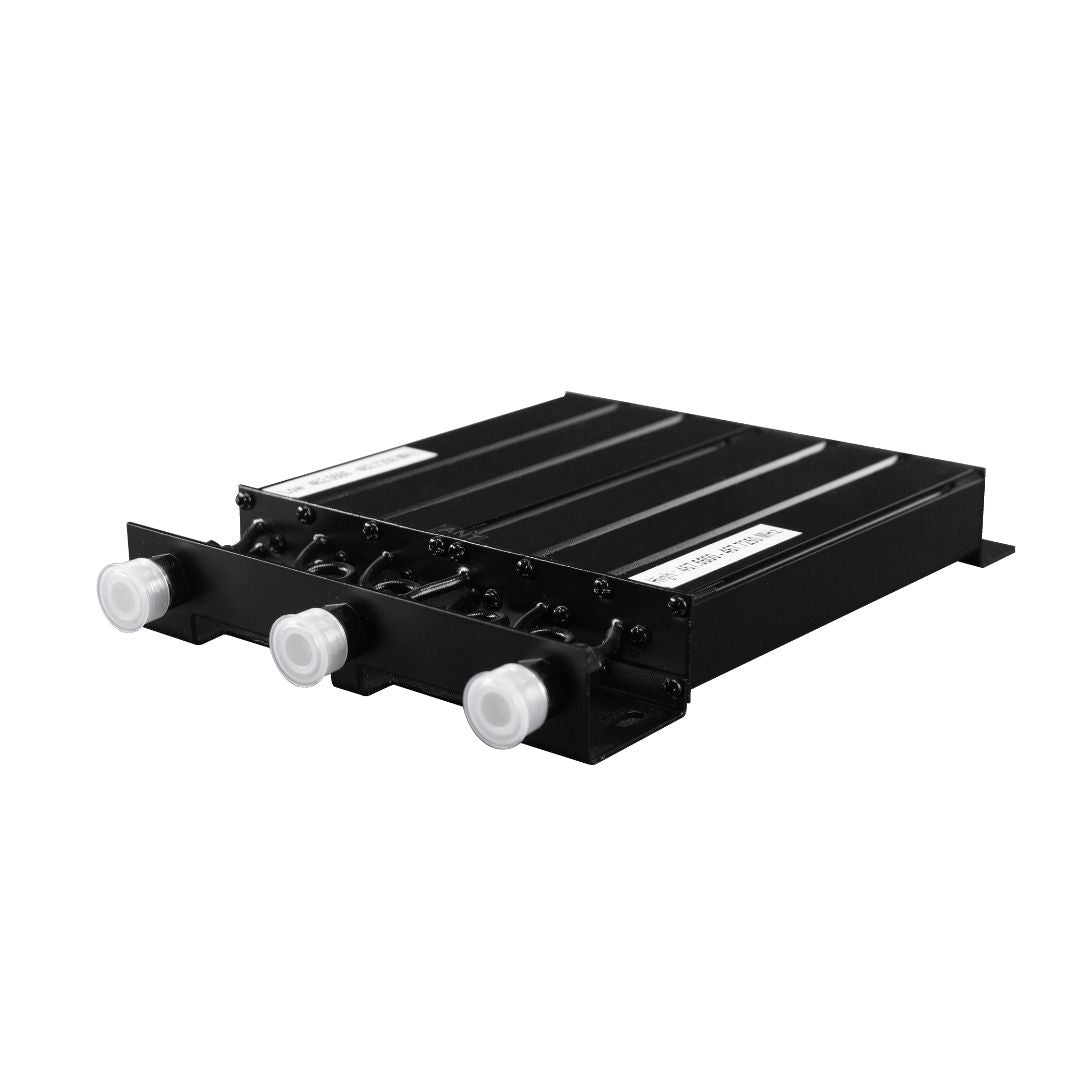 The BCR-GMRS Repeater & Duplexer Power Bundle from BridgeCom Systems is a black, rectangular metal device with three white-topped cylindrical connectors, parallel top ridges, and two white labels, shown lying flat on a white background.