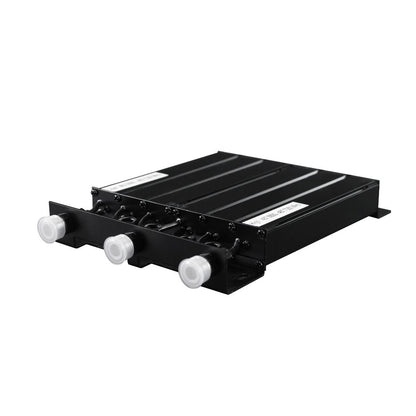 The BCR-GMRS Repeater & Duplexer Power Bundle from BridgeCom Systems is a black, rectangular metal device with three white-topped cylindrical connectors, parallel top ridges, and two white labels, shown lying flat on a white background.
