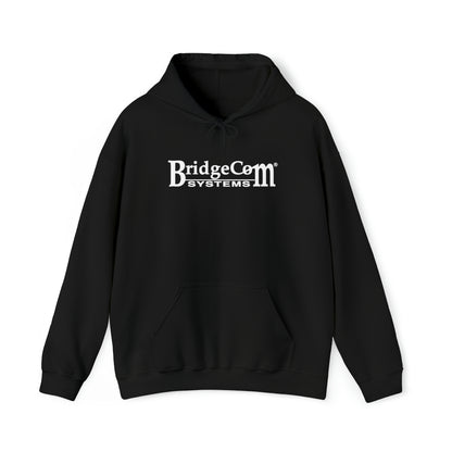 Introducing the Unisex Heavy Blend™ Hooded Sweatshirt from BridgeCom Systems. This black sweatshirt features the BridgeCom logo printed in white across the chest, offering a sleek and stylish look. Made from a comfortable 50/50 cotton-polyester blend, it comes with front pockets and adjustable drawstrings on the hood. Ideal for amateur radio enthusiasts, this hoodie combines practicality with flair.