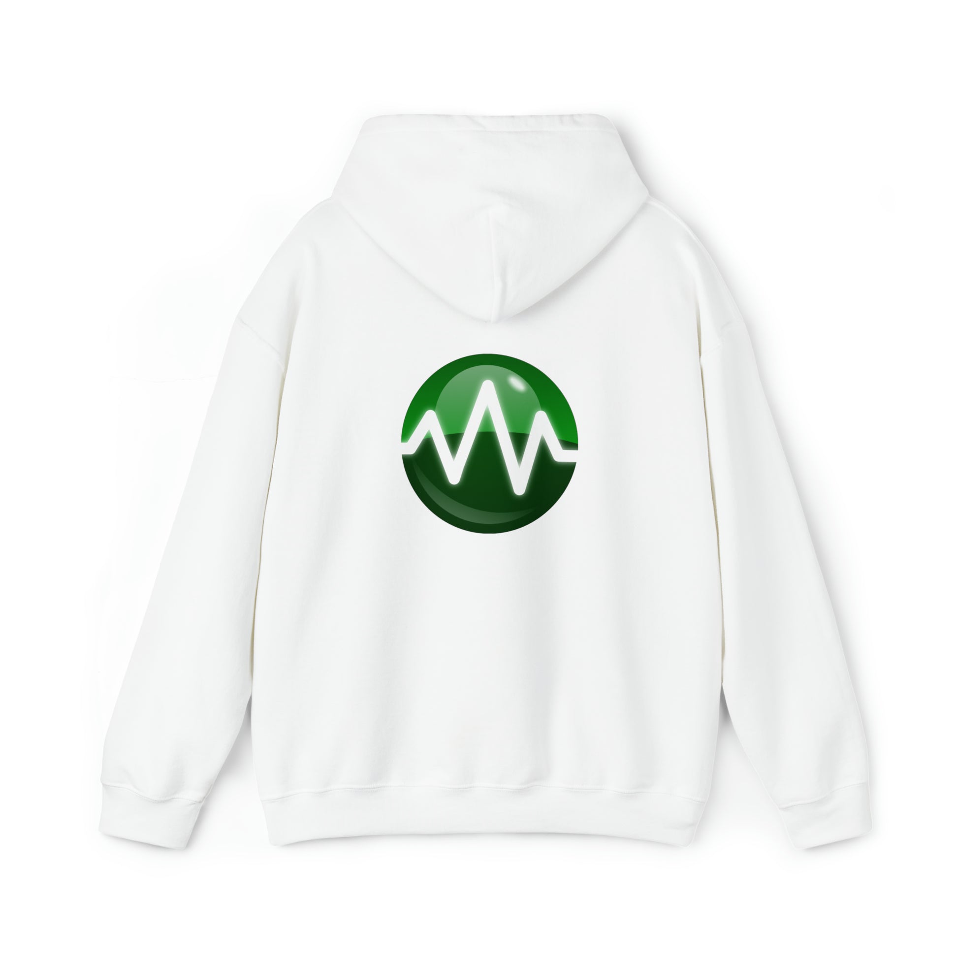 A Unisex Heavy Blend™ Hooded Sweatshirt, crafted from a 50/50 cotton-polyester blend, is displayed against a plain background. The back of this BridgeCom Systems hoodie features a green circular graphic with a white waveform pattern inside it, making it perfect for amateur radio enthusiasts.