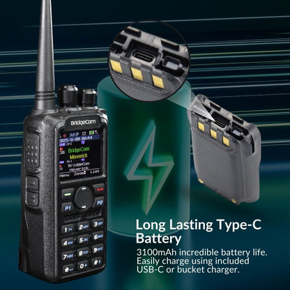 The Ultimate Ham Shack Pack is a handheld BridgeCom radio with a detachable 3100mAh Type-C battery. Text notes long-lasting power plus USB-C and bucket charger options, while a close-up of the battery appears over an energy icon.