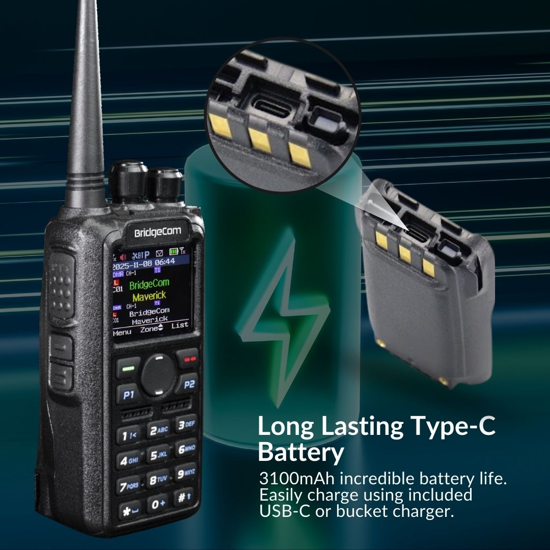 A black BridgeCom Maverick radio with a long antenna sits by a green battery icon. Inset: close-up of gold charging contacts. Text: "Long Lasting Type-C Battery. 3100mAh incredible battery life." DMR Plug and Play Package available.