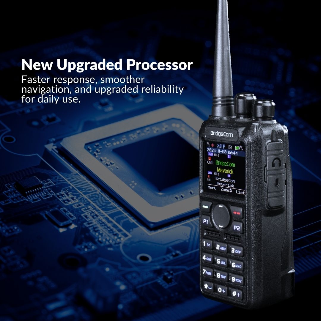 A BridgeCom Maverick Dual Band DMR/Analog Ham Radio is displayed before a processor close-up, highlighting its new upgraded processor for faster response, smoother navigation, and greater reliability.