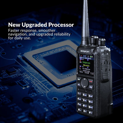 A BridgeCom Maverick Dual Band DMR/Analog Ham Radio is displayed before a processor close-up, highlighting its new upgraded processor for faster response, smoother navigation, and greater reliability.