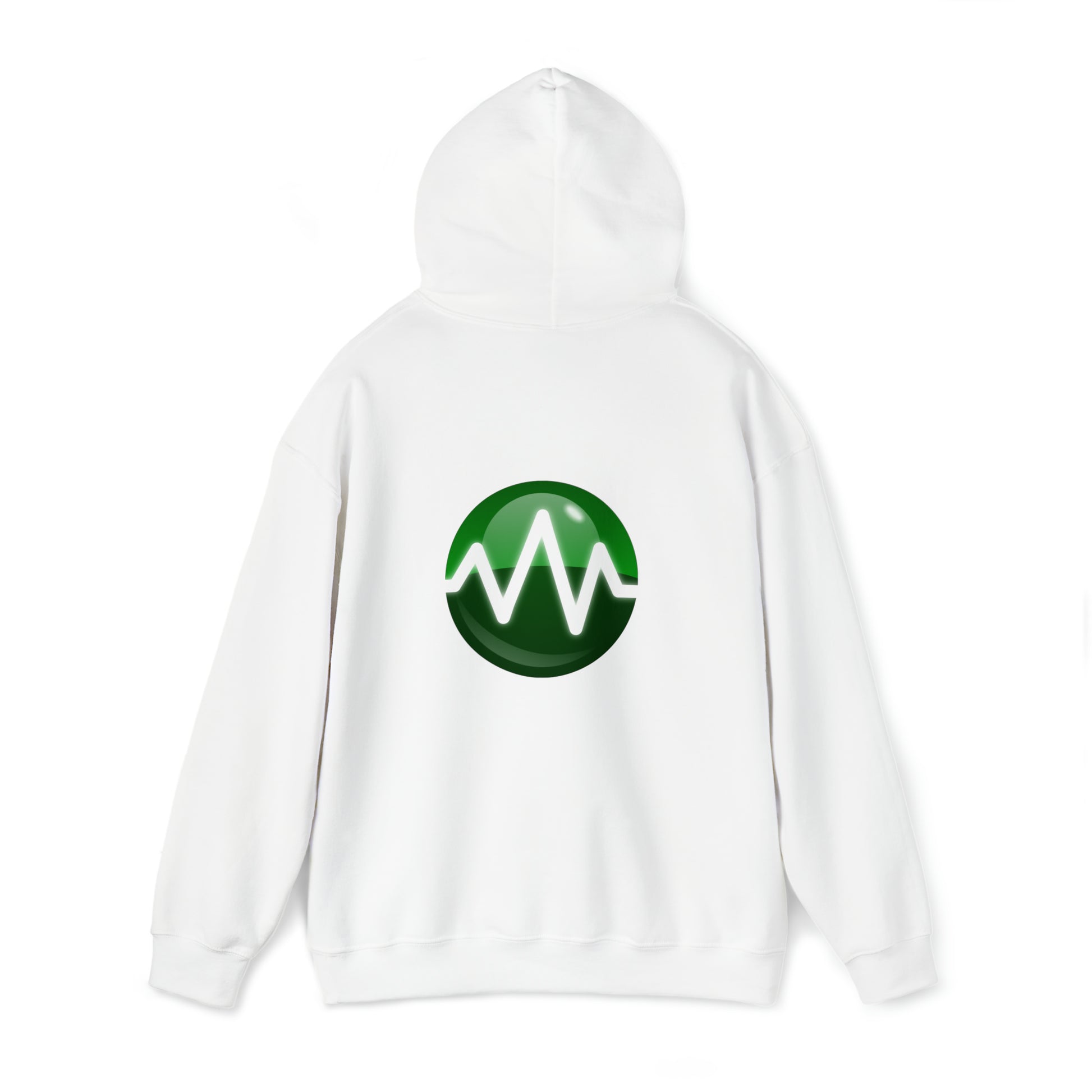 A white Unisex Heavy Blend™ Hooded Sweatshirt featuring a green circular logo on the back. The logo showcases a white waveform line inside the circle, offering a modern, minimalist design. Made from a 50/50 cotton-polyester blend, this BridgeCom Systems Sweatshirt is ideal for amateur radio enthusiasts.
