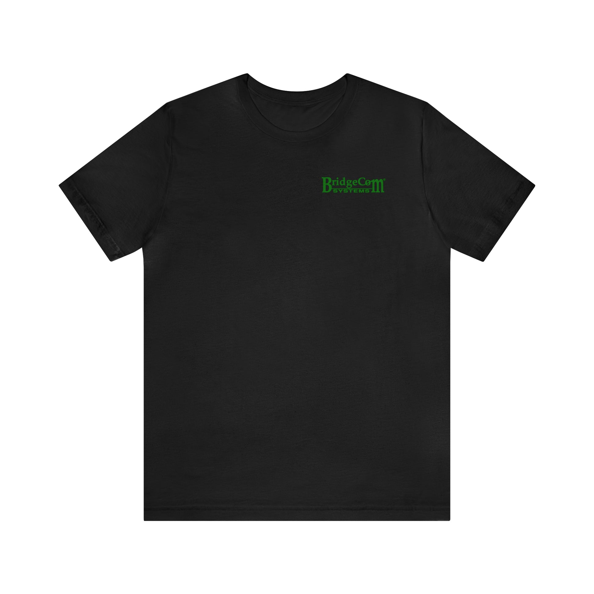 The Short Sleeve Tee - Small Logo is a black T-shirt showcasing a small green BridgeCom Systems logo on the upper left chest, with the text "BridgeCom Systems III." Made from soft Airlume combed cotton, this shirt features a classic crewneck design and offers a simple, clean look ideal for effortlessly conveying your style.