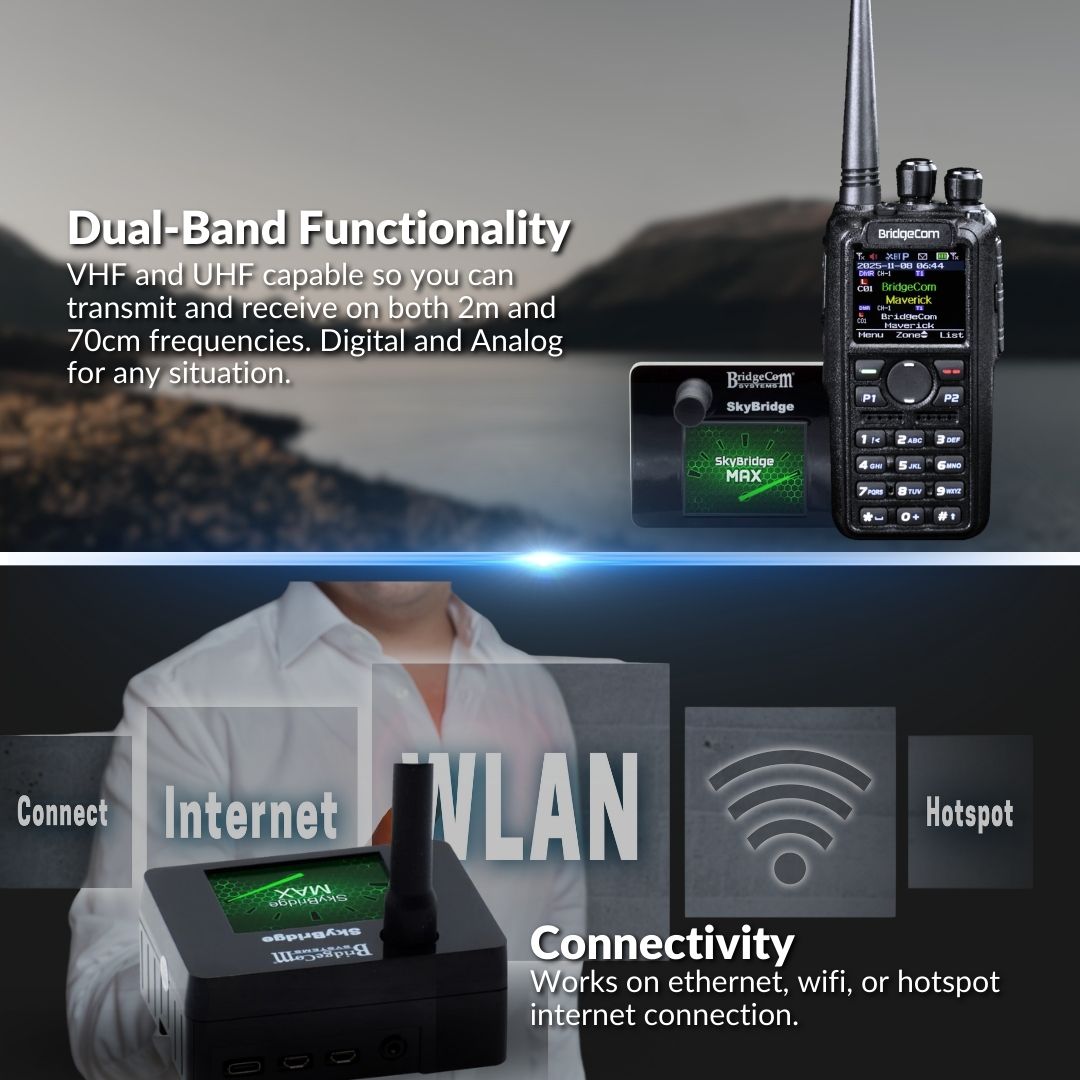 The BridgeCom Maverick DMR Plug and Play Package is a compact handheld radio with dual-band VHF/UHF, pre-programmed for versatile communication and features ethernet, WiFi, hotspot support, and multiple connectivity options.