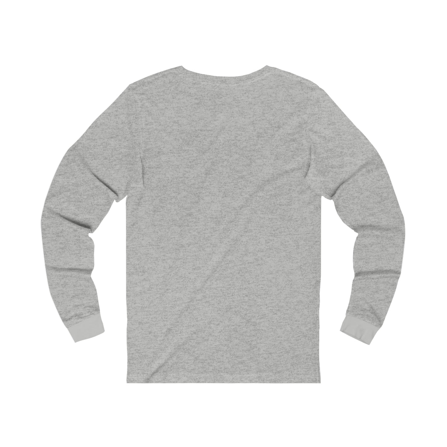 A heather gray Unisex BridgeCom Long Sleeve Tee lies flat with the back side facing up. The shirt features a crew neckline and ribbed cuffs. The fabric appears lightweight and casual, perfect for everyday wear at ham radio events or other laid-back gatherings.