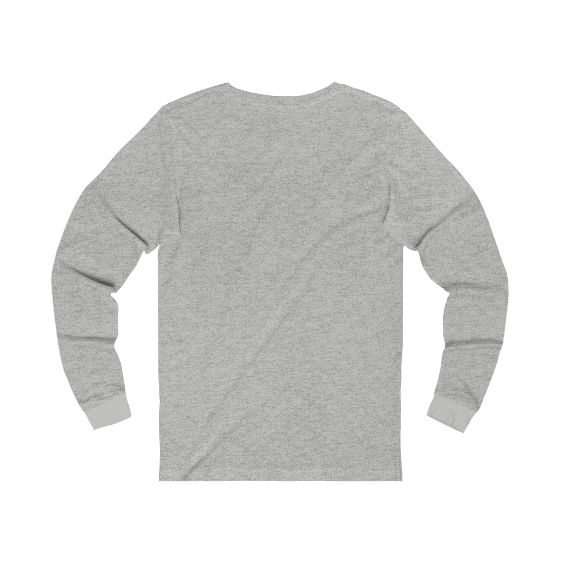 A heather gray Unisex BridgeCom Long Sleeve Tee lies flat with the back side facing up. The shirt features a crew neckline and ribbed cuffs. The fabric appears lightweight and casual, perfect for everyday wear at ham radio events or other laid-back gatherings.