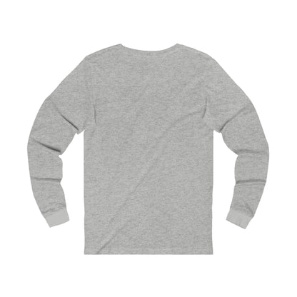 A heather gray Unisex BridgeCom Long Sleeve Tee lies flat with the back side facing up. The shirt features a crew neckline and ribbed cuffs. The fabric appears lightweight and casual, perfect for everyday wear at ham radio events or other laid-back gatherings.