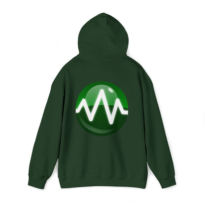 The Unisex Heavy Blend™ Hooded Sweatshirt, in dark green, is made from a 50/50 cotton-polyester blend and is displayed with its back facing the viewer. The back of the sweatshirt features a green circular emblem with a white waveform design inside it. Apart from the emblem, the sweatshirt remains plain and is set against a white background, making it ideal for amateur radio enthusiasts.