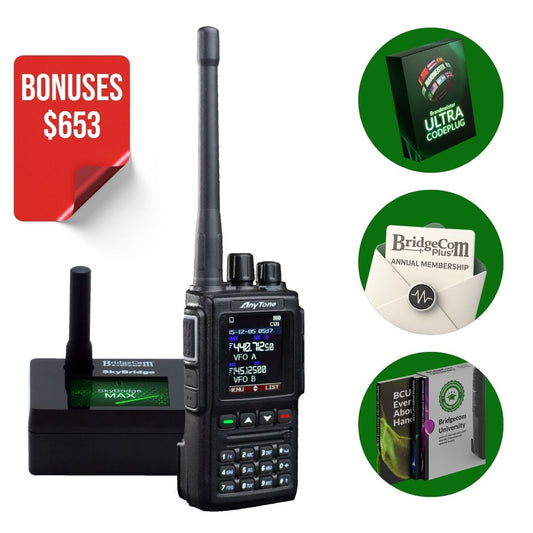 Promotional image of the AnyTone AT-D168UV Plug and Play Package with charging dock, plus Ultra Codeplug, BridgeCom Plus (1 year), and BridgeCom University course. Red corner banner says "SAVE $653.