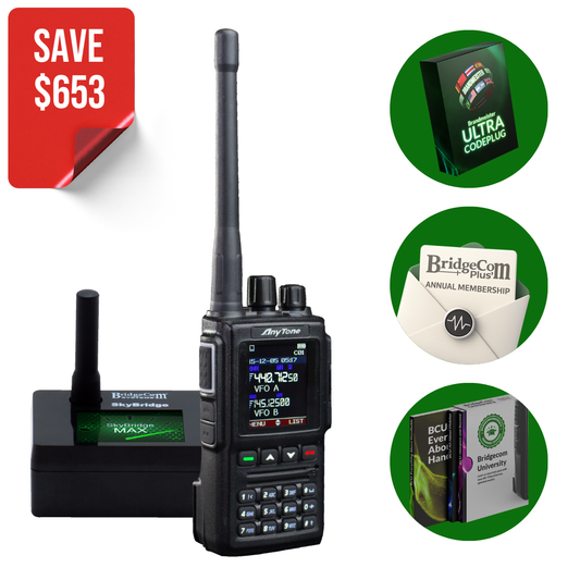 Promotional image of the AnyTone AT-D168UV Plug and Play Package with charging dock, plus Ultra Codeplug, BridgeCom Plus (1 year), and BridgeCom University course. Red corner banner says "SAVE $653.