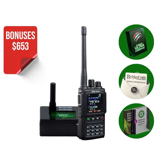 Promotional image of the AnyTone AT-D168UV Plug and Play Package with charging dock, plus Ultra Codeplug, BridgeCom Plus (1 year), and BridgeCom University course. Red corner banner says "SAVE $653.