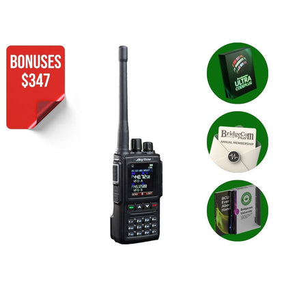 The image shows the AnyTone AT-D168UV Bundle—a handheld black Dual Band DMR radio—with three bonuses: an Ultra Codeplug guide, a BridgeCom Plus annual membership, and a BridgeCom University training box. Red label: "BONUSES $347.