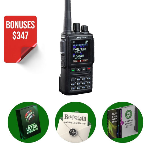The image shows the AnyTone AT-D168UV Bundle—a handheld black Dual Band DMR radio—with three bonuses: an Ultra Codeplug guide, a BridgeCom Plus annual membership, and a BridgeCom University training box. Red label: "BONUSES $347.
