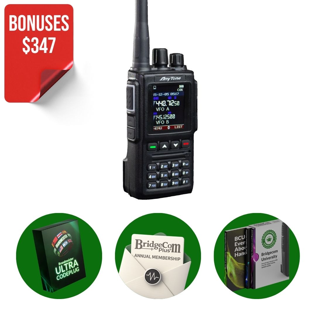The image shows the AnyTone AT-D168UV Bundle—a handheld black Dual Band DMR radio—with three bonuses: an Ultra Codeplug guide, a BridgeCom Plus annual membership, and a BridgeCom University training box. Red label: "BONUSES $347.
