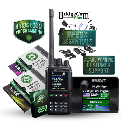 The AT-D168UV Plug and Play Package handheld radio and essential items. The display highlights digital hotspot features and branded services.