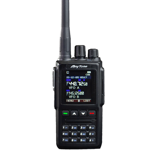 The B-Stock Anytone AT-168UV is a black handheld DMR radio featuring a display screen, numeric and function buttons, and a top antenna—perfect for digital and analog communication.