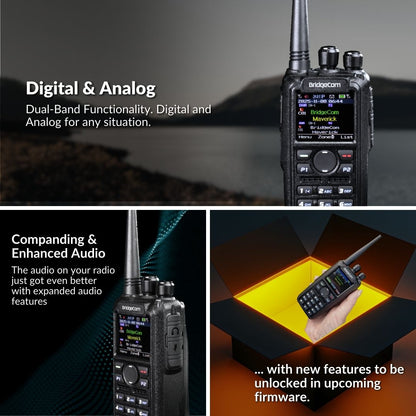 The BridgeCom Maverick DMR Plug and Play Package is a dual-band handheld radio featuring digital and analog modes, companding, enhanced audio, and future upgradable functions. Includes a pre-programmed DMR Plug-n-Play Package.