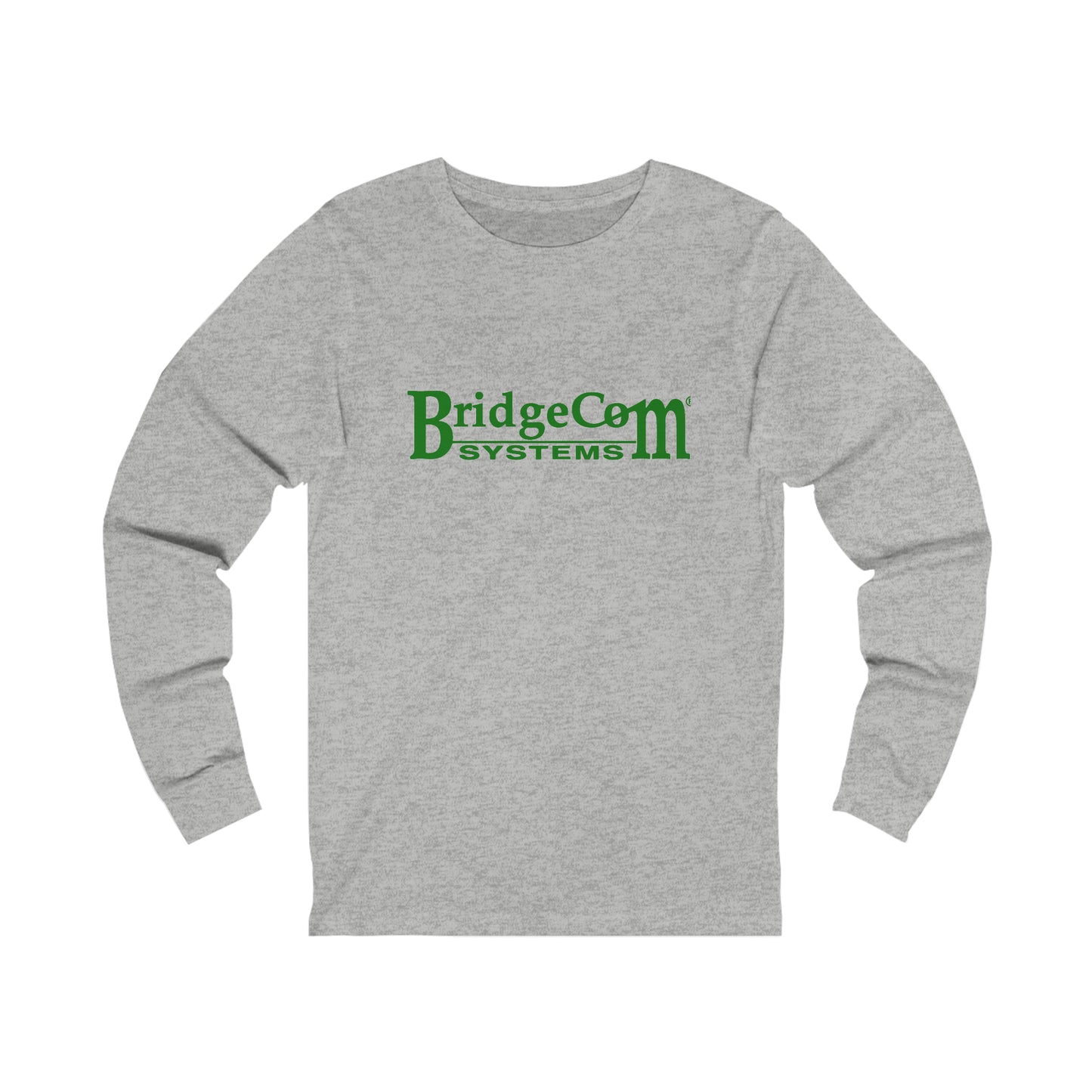 Unisex BridgeCom Long Sleeve Tee, featuring "BridgeCom Systems" printed in green text on the front, perfect for ham radio events. The gray shirt is laid flat against a white background.