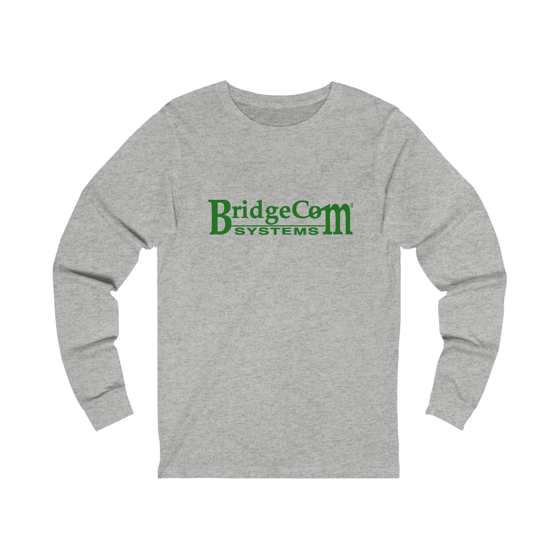 Unisex BridgeCom Long Sleeve Tee, featuring "BridgeCom Systems" printed in green text on the front, perfect for ham radio events. The gray shirt is laid flat against a white background.