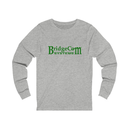Unisex BridgeCom Long Sleeve Tee, featuring "BridgeCom Systems" printed in green text on the front, perfect for ham radio events. The gray shirt is laid flat against a white background.