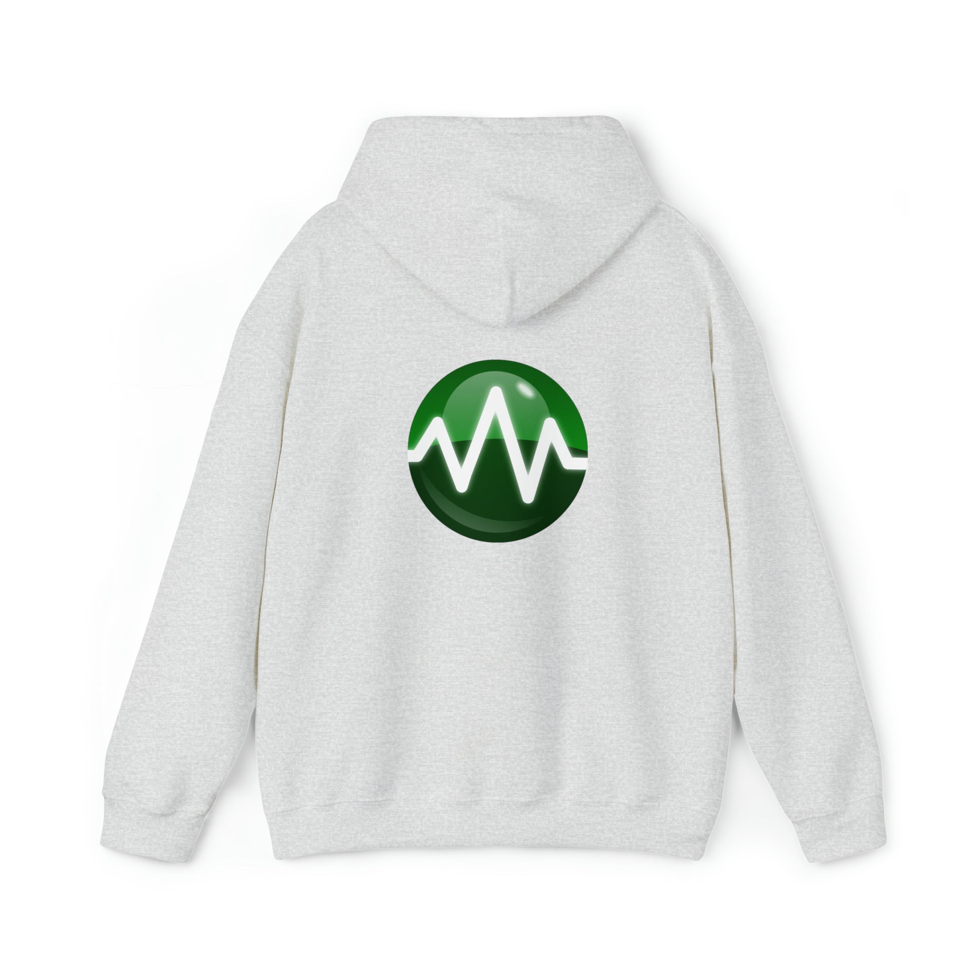 A light gray Unisex Heavy Blend™ Hooded Sweatshirt is shown from the back. Made from a cozy 50/50 cotton-polyester blend, it features a circular green logo in the center with a white waveform or pulse line running horizontally across it. Ideal for amateur radio enthusiasts.