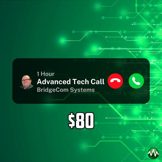 A graphic portrays an Advanced Tech Call - 1 Hour from BridgeCom Systems, highlighting proficient technicians and an $80 fee. The backdrop features a luminous green circuit board design, complemented by icons for call termination or acceptance, and a small photo of a person situated in the corner.