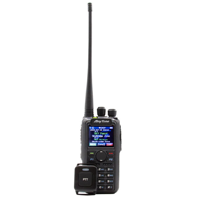AnyTone 878  front view with Blue tooth PTT button in front of the radio