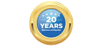 A gold circular badge with a blue center displays "20 YEARS Experience and Expertise" in white text, with five white stars above the number.
