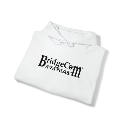 A white Unisex Heavy Blend™ Hooded Sweatshirt by BridgeCom Systems showcases "BridgeCom Systems" in bold black text on the front. This neatly folded, 50/50 cotton-polyester blend hoodie features tucked-under sleeves to prominently display the logo—perfect for any amateur radio enthusiast.