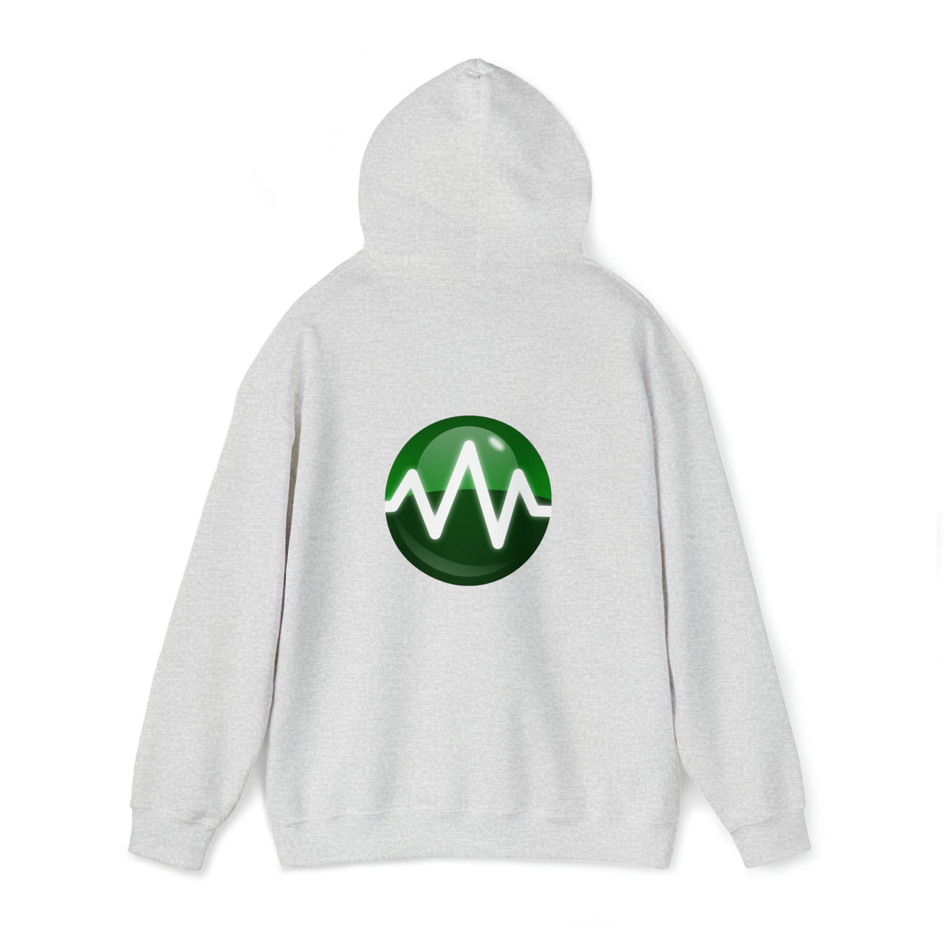A light gray Unisex Heavy Blend™ Hooded Sweatshirt from BridgeCom Systems, made from a 50/50 cotton-polyester blend, features a large green circular logo on the back with a white waveform design in the center—a perfect choice for amateur radio enthusiasts.