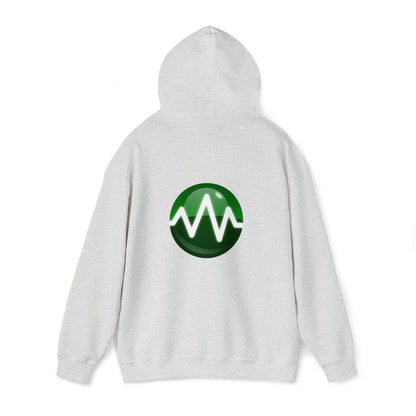 A light gray Unisex Heavy Blend™ Hooded Sweatshirt from BridgeCom Systems, made from a 50/50 cotton-polyester blend, features a large green circular logo on the back with a white waveform design in the center—a perfect choice for amateur radio enthusiasts.