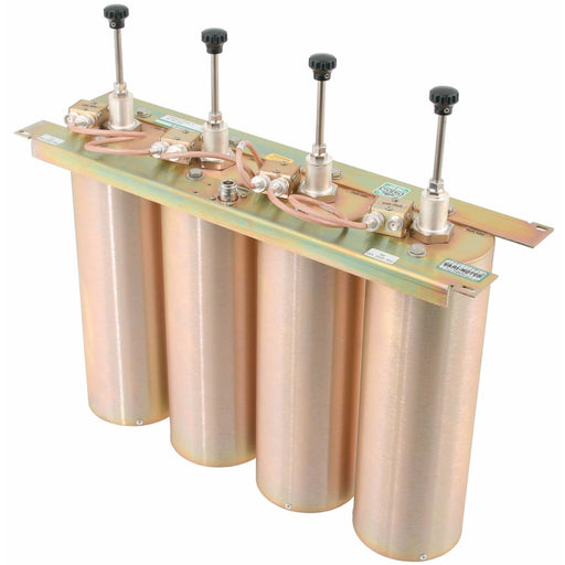 The 4-Cavity TXRX 350W UHF Duplexer consists of four vertically aligned, silver-plated copper cylindrical cavities. Each cavity features a black knob and a vertical metal rod on top, connected by thin cables. This Vari-Notch® duplexer is mounted on a rectangular metal base equipped with mounting brackets and various connectors designed for low-loss performance.