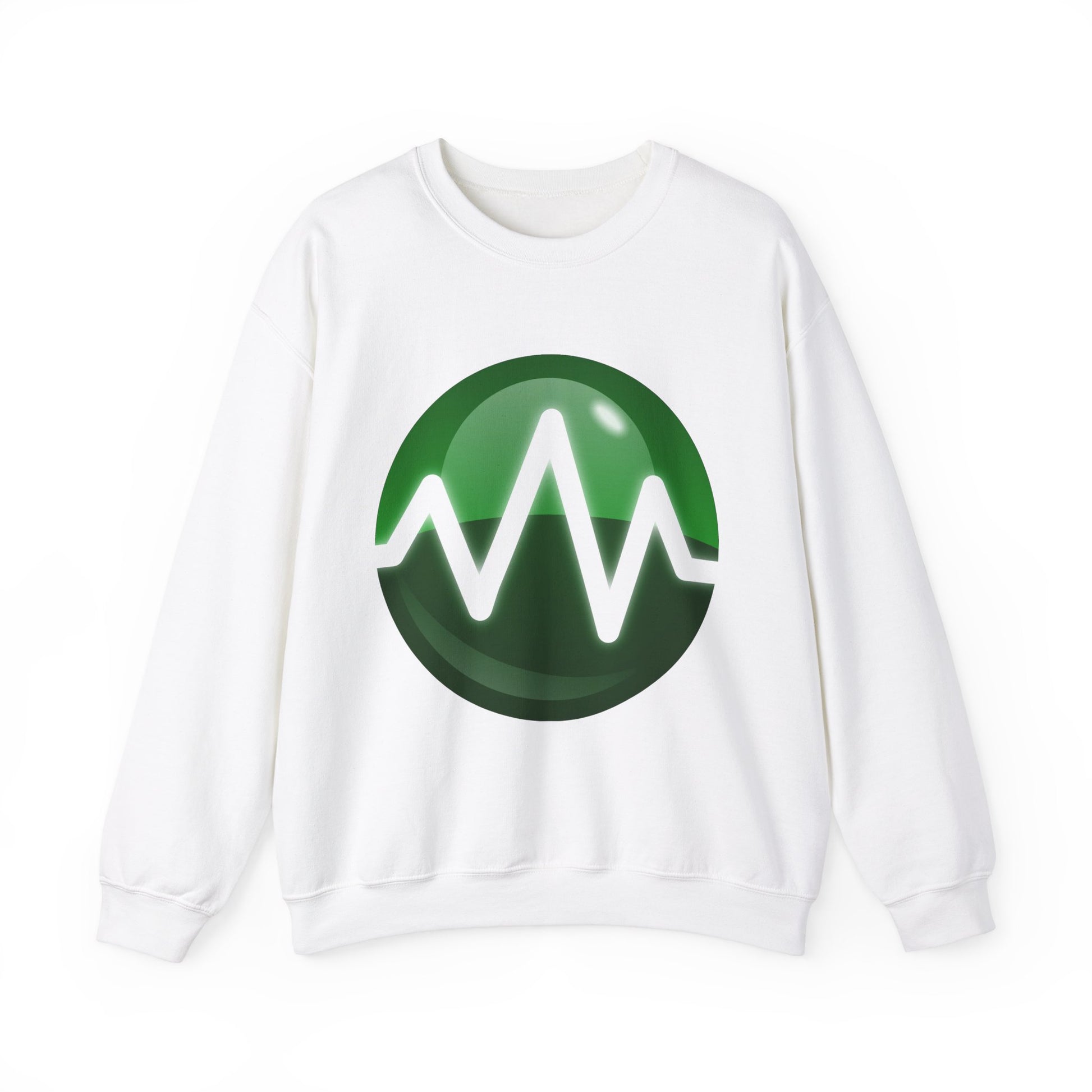 The Unisex Heavy Blend Crewneck Sweatshirt - Green Wave Design features a white, ethically made medium-heavy fabric with a bold green circle and white zigzag waveform at the center—perfect for tech lovers seeking comfort and style.