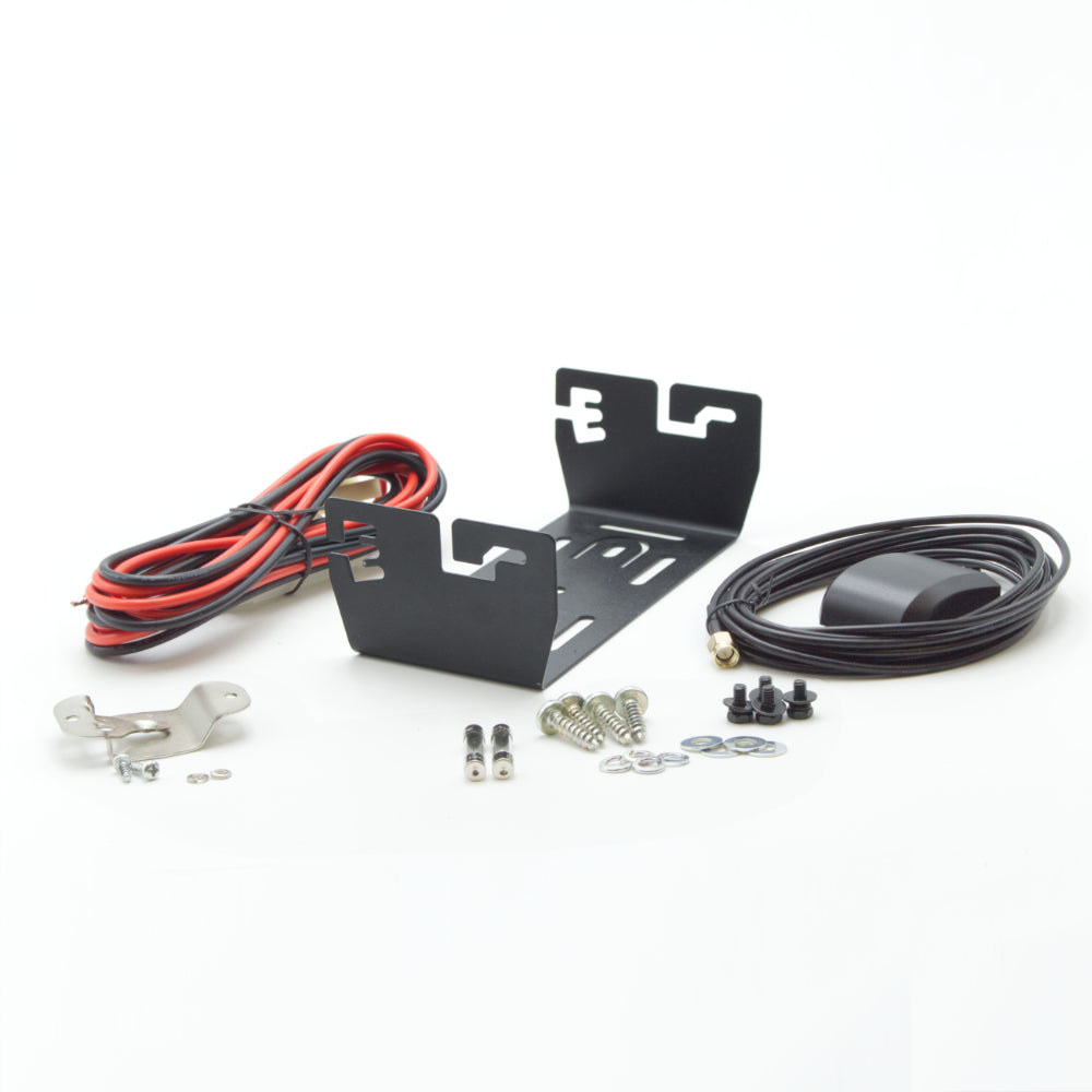 Image of the AnyTone 578 Mounting Bracket kit with hardware, featuring a black metal bracket, red and black wiring, a black cable with connectors, securing screws, nuts, washers, and a mic clip, all arranged neatly on a white background.