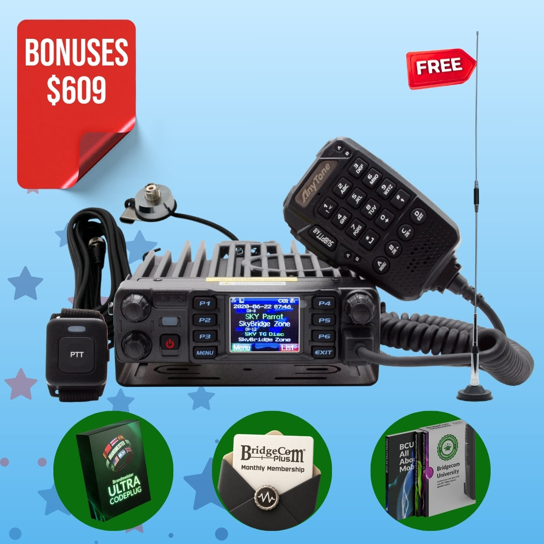 The AnyTone AT-D578UVIII Plus tri-band mobile radio with mic, antenna, and accessories is shown. A red label says "Bonuses $609." Extras include Ultra Codeplug, monthly membership, and guides/manuals.