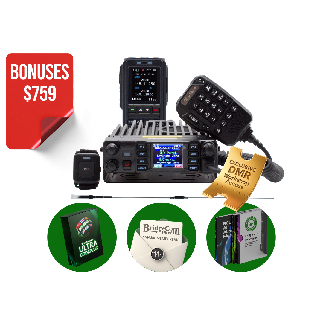 The AnyTone AT-D578UVIII Plus Mobile Deal includes a two-way radio, Bluetooth Speaker Mic, antenna, wearable PTT button, DMR mobile accessories—plus $759 in bonus items, promotional workshop access, and club membership.