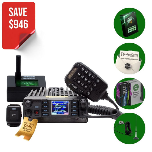The AnyTone AT-D578UVIII Plus Plug and Play Package includes a radio, microphone, antenna, and accessories. Four green insets highlight related products like SkyBridge MAX hotspot. A red "SAVE $946" label appears in the top left corner.