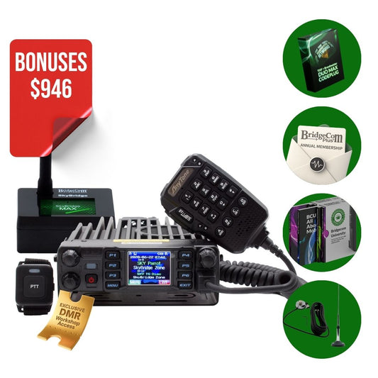 The AnyTone AT-D578UVIII Plus Plug and Play Package includes a radio, microphone, antenna, and accessories. Four green insets highlight related products like SkyBridge MAX hotspot. A red "SAVE $946" label appears in the top left corner.