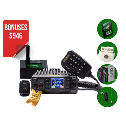 The AnyTone AT-D578UVIII Plus Plug and Play Package includes a radio, microphone, antenna, and accessories. Four green insets highlight related products like SkyBridge MAX hotspot. A red "SAVE $946" label appears in the top left corner.