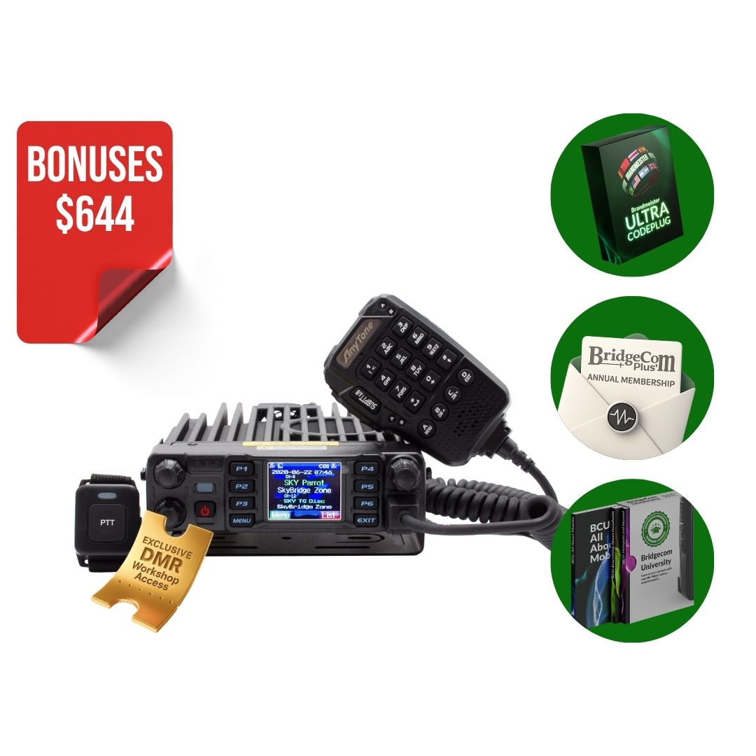 The AnyTone AT-D578UVIII Plus Bundle includes a keypad microphone, mic switch, DMX workshop access card, and three bonuses: Ultra Codeplug, BridgeCom Plus Membership, and BridgeCom University access.
