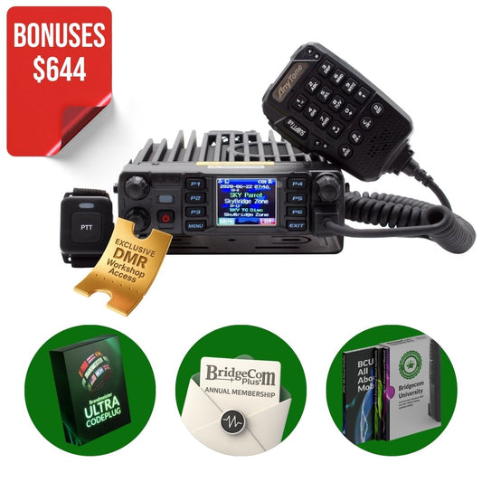 The AnyTone AT-D578UVIII Plus Bundle includes a keypad microphone, mic switch, DMX workshop access card, and three bonuses: Ultra Codeplug, BridgeCom Plus Membership, and BridgeCom University access.