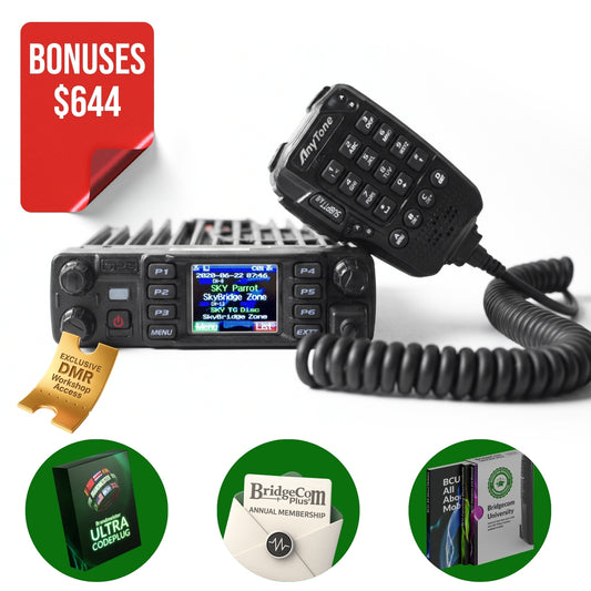 The AnyTone AT-D578UVIII Plus Bundle includes a keypad microphone, mic switch, DMX workshop access card, and three bonuses: Ultra Codeplug, BridgeCom Plus Membership, and BridgeCom University access.