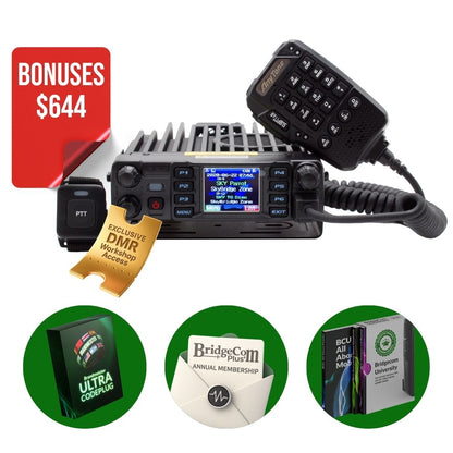 The AnyTone AT-D578UVIII Plus Bundle includes a keypad microphone, mic switch, DMX workshop access card, and three bonuses: Ultra Codeplug, BridgeCom Plus Membership, and BridgeCom University access.